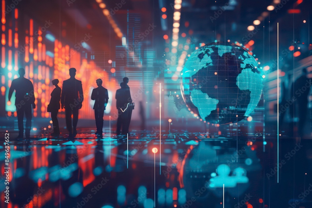 3D Tech Illustration of a Data Analytics Tool Featuring a World Globe and Businessmen Silhouettes 3D Tech Illustration of a Data Analytics Tool Featuring a World Globe and Businessmen Silhouettes