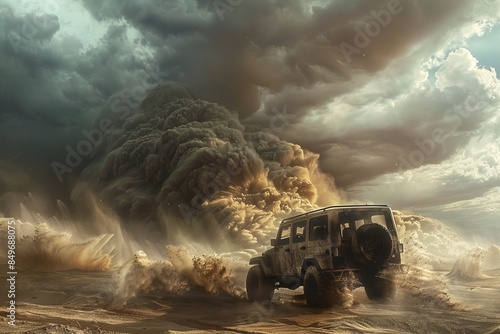 Dramatic Off-Road Adventure Under Stormy Skies with a Powerful All-Terrain Vehicle Kicking Up Dust