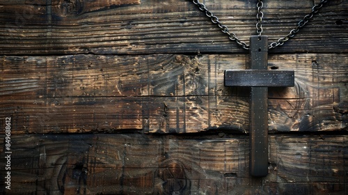 Close-up of a cross hanging from a chain on a wooden background photo