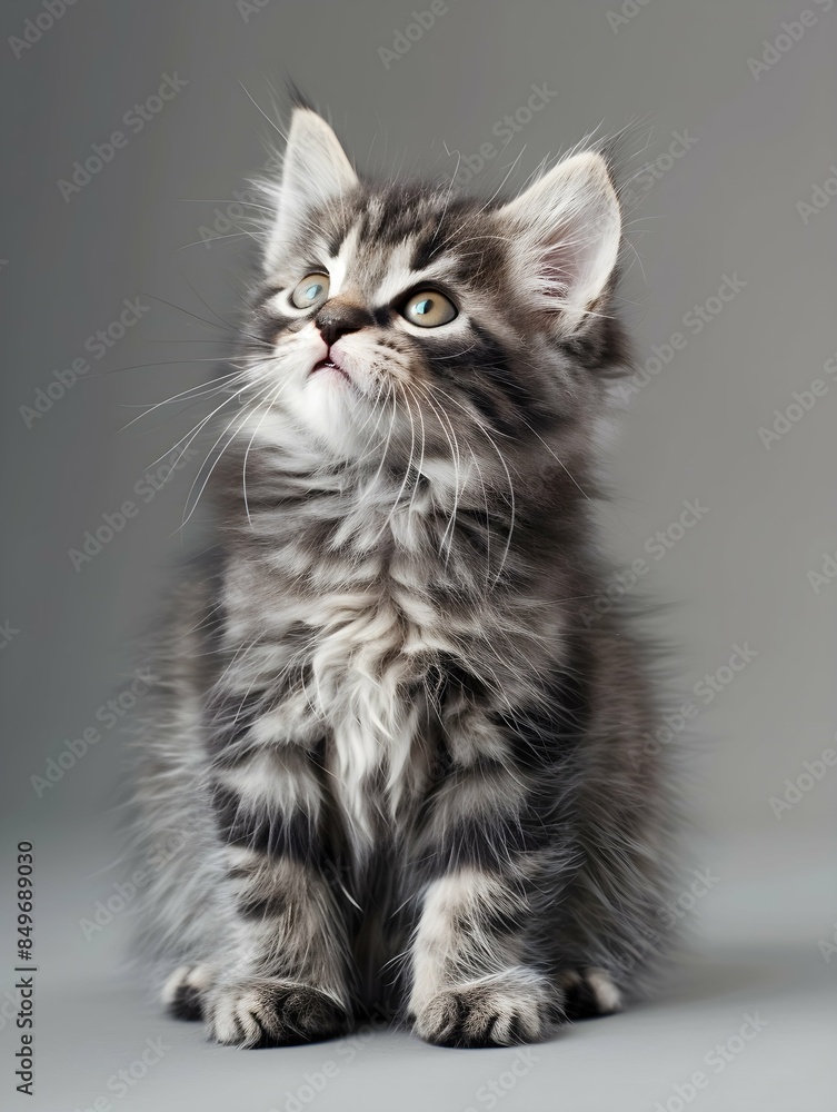 Fototapeta premium gray tabby cute kitten fluffy cat on grey background