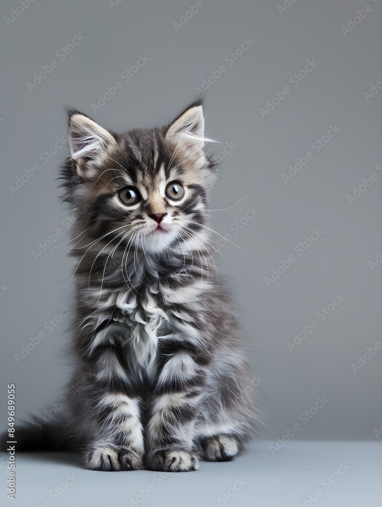 gray tabby cute kitten fluffy cat on grey background gray tabby cute kitten fluffy cat on grey background