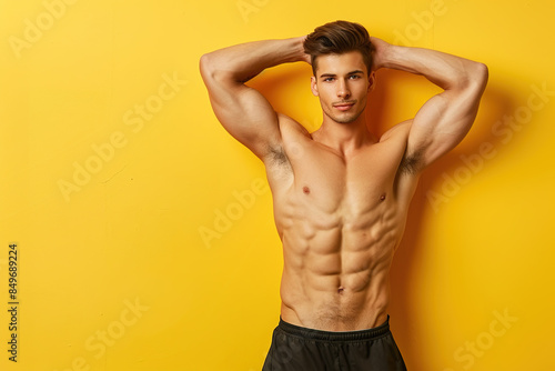 Physically Fit Caucasian Man Yellow Background Hands Behind Head Black Hair Armpit Biceps