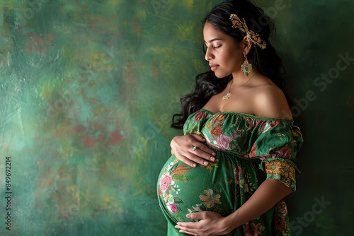 Pregnant Latino Hispanic Woman green Background Maternity Portrait, model