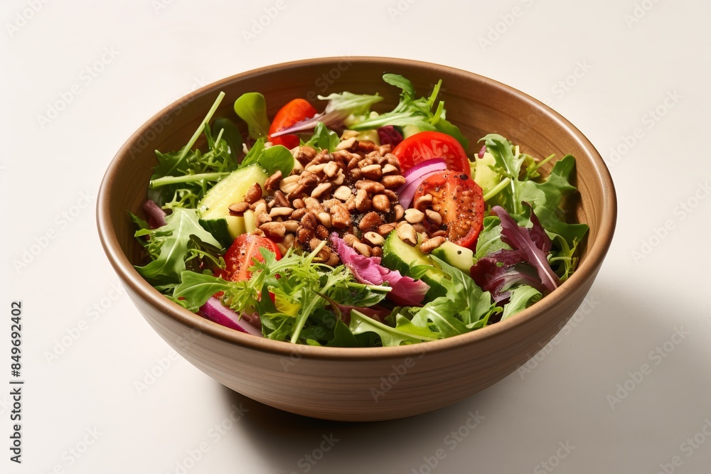 Fresh green salad in a bowl with cherry tomatoes, roasted seeds, and mixed leafy greens, perfectly healthy meal for a balanced diet. Fresh green salad in a bowl with cherry tomatoes, roasted seeds, and mixed leafy greens, perfectly healthy meal for a balanced diet.