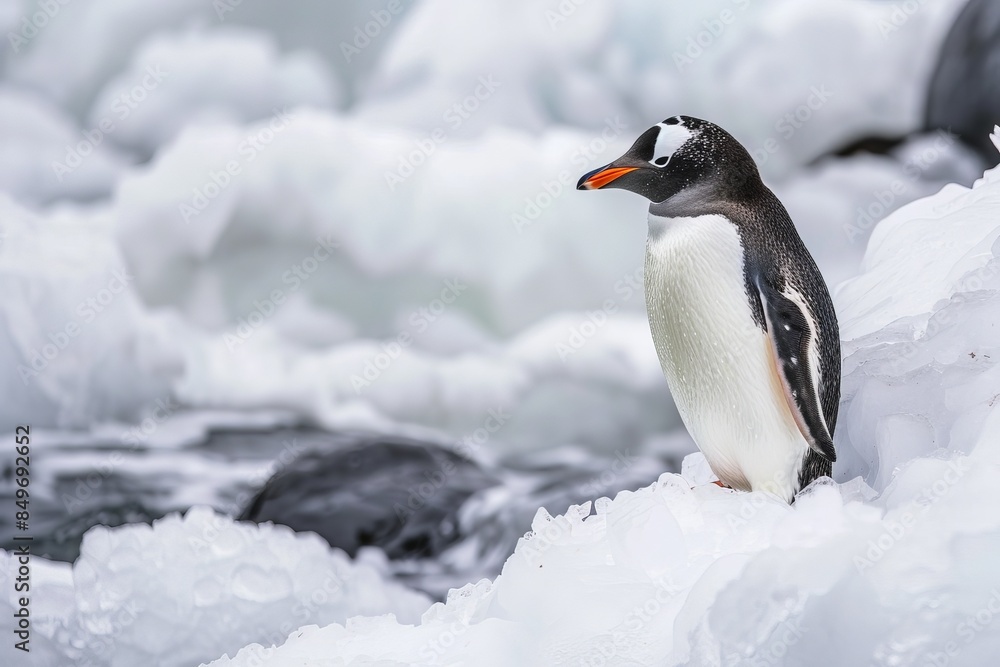 Naklejka premium Gentoo penguin standing on ice in a snowy landscape. The penguin is looking towards the water amidst chunks of ice.