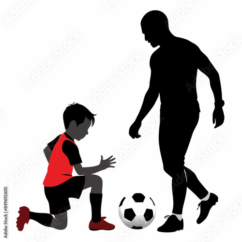 children  and father playing soccer silhouette vector art illustration