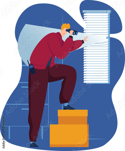Male detective spying, using binoculars, peering through window blinds, wearing red jacket, walkietalkie attached belt, one leg yellow boxes, blue background, vector illustration