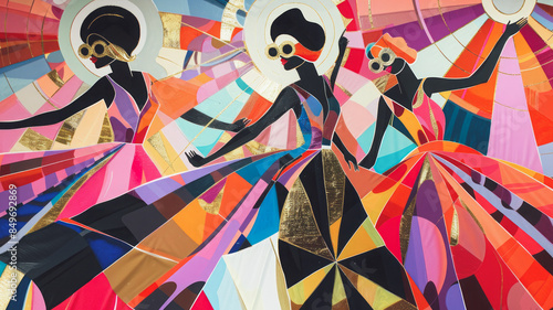 A dynamic and colorful artwork featuring stylized figures with umbrellas in a geometric, abstract style, conveying movement and vibrant cultural expression.