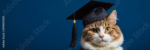Fluffy funny cat wearing a graduate black hat on dark blue background with copy space. Education and back to school concept.	
