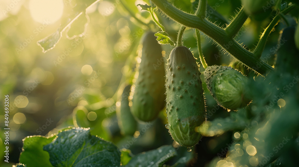 close-up photograph of dew-covered ripe cucumbers growing in the garden, the sun shines through the leaves, golden hour, low angle, Shot using a Hasselblad camera, ISO 100. Professional color grading close-up photograph of dew-covered ripe cucumbers growing in the garden, the sun shines through the leaves, golden hour, low angle, Shot using a Hasselblad camera, ISO 100. Professional color grading