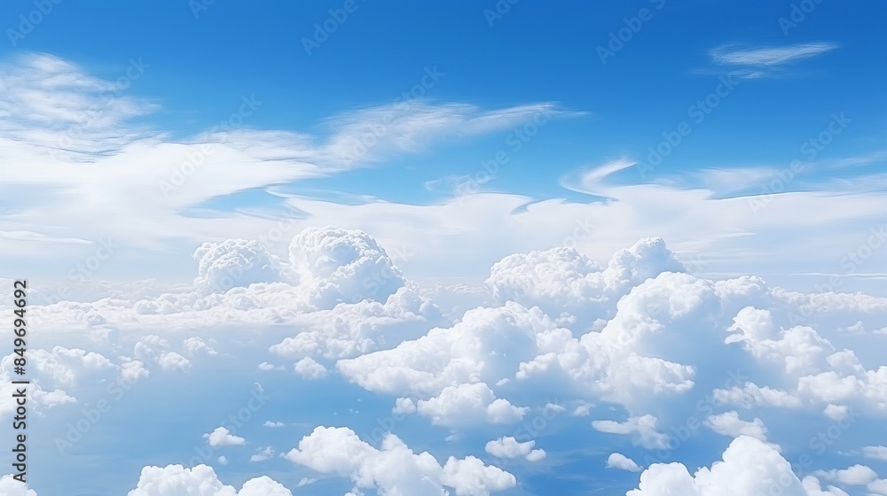 Scenic view of fluffy white clouds against a bright blue sky, capturing the serene beauty of the daytime sky from an aerial perspective. Scenic view of fluffy white clouds against a bright blue sky, capturing the serene beauty of the daytime sky from an aerial perspective.