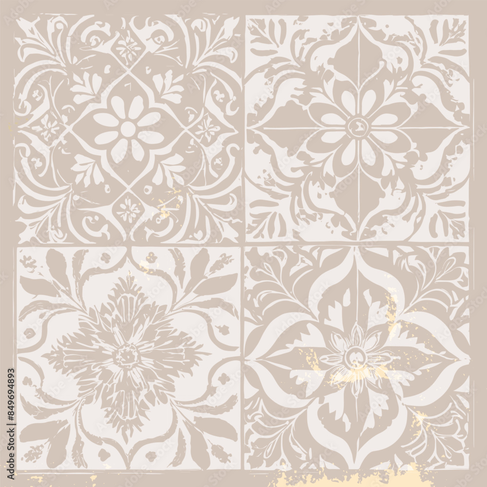 Gold foil tile with arabesque beige print Gold foil tile with arabesque beige print