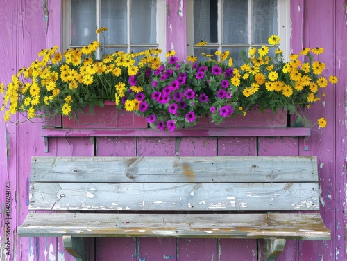 Charming rustic pink wooden wall with vibrant yellow and purple flowers in window boxes, old weathered bench below