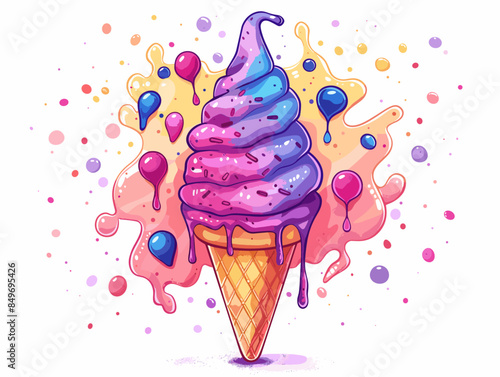 A colorful ice cream cone with blue, pink, and purple swirls dripping from it. The ice cream is melting and the colors are vibrant