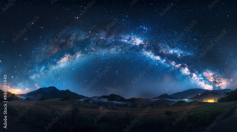 A panoramic view showcasing the majestic Milky Way galaxy arching over a serene night landscape with mountains, trees and a winding road A panoramic view showcasing the majestic Milky Way galaxy arching over a serene night landscape with mountains, trees and a winding road