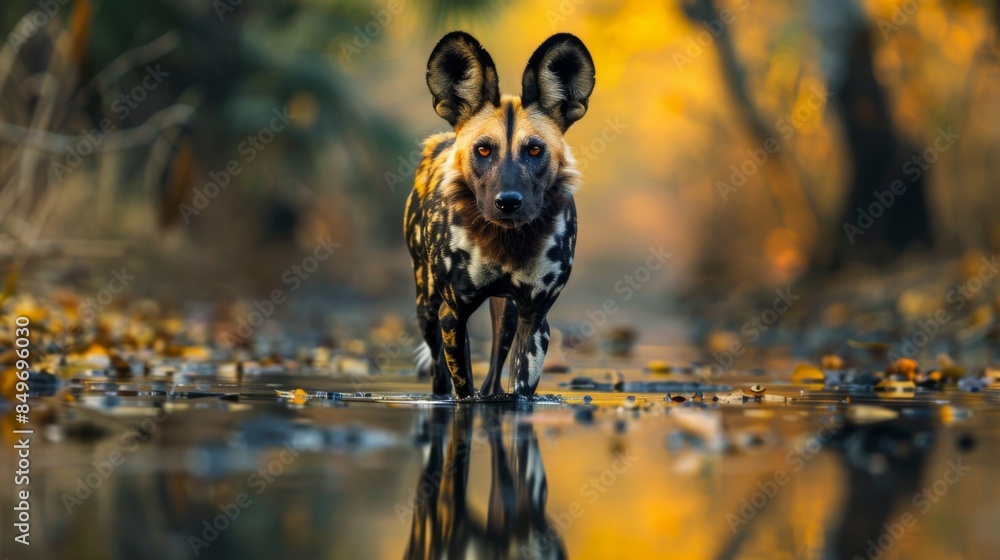Fototapeta premium Striking image of an African wild dog with its reflection in the water, set against an autumnal forest background