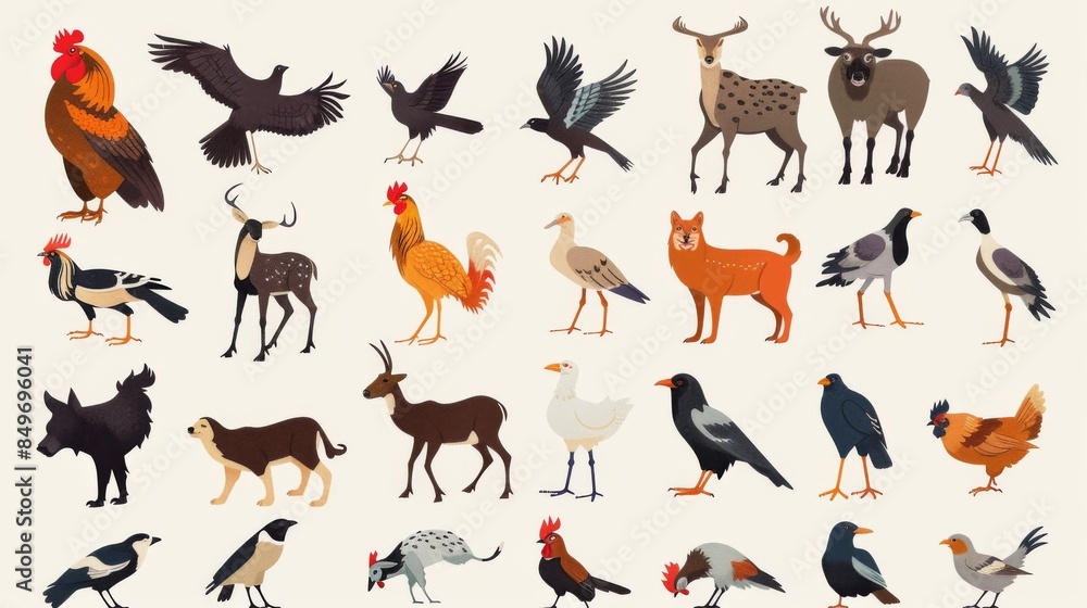 An assortment of various birds and mammals, drawn in a flat illustration style, against a cream background An assortment of various birds and mammals, drawn in a flat illustration style, against a cream background