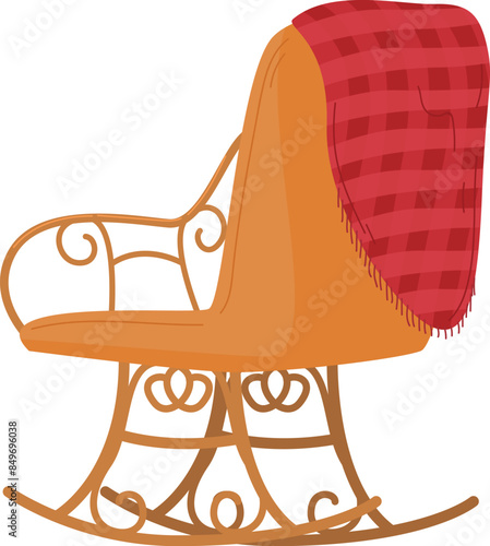 Wooden rocking chair applered blanket vintage cozy comfort. Victorianstyle furniture practical relaxation back two. Isolated white background. Antique rocker plaid cover soft seat smooth armrest photo