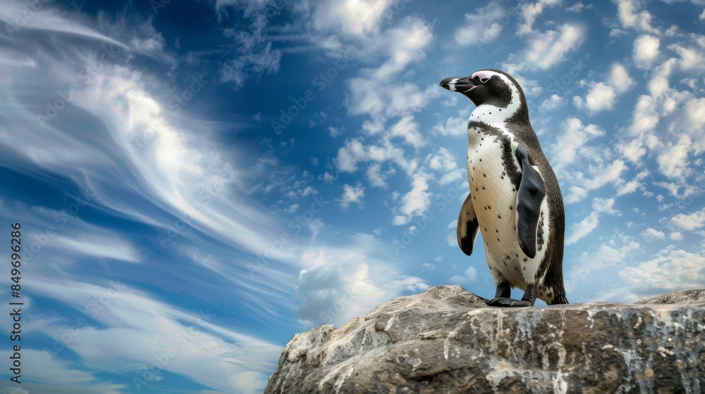 Fototapeta premium A realistic image of a penguin on a rock against a blue sky with clouds Suitable for natural wildlife themes