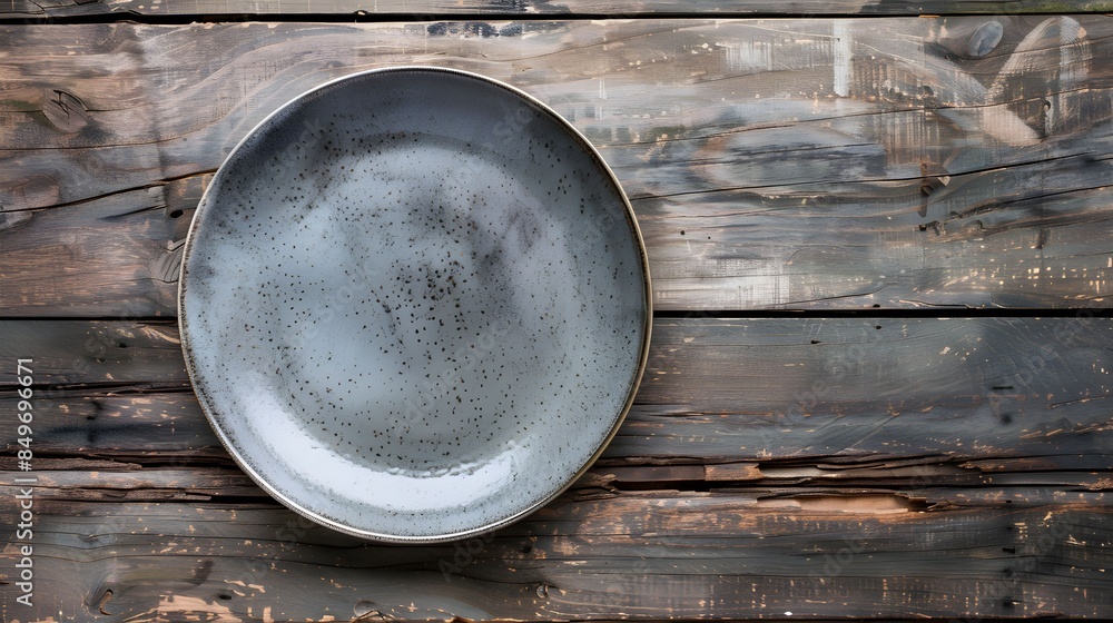 an empty grey plate placed on the surface of a rustic wooden tabletop an empty grey plate placed on the surface of a rustic wooden tabletop