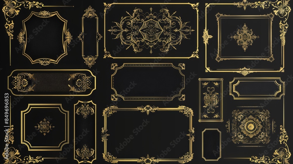 custom made wallpaper toronto digitalA collection of ornate gold frames and borders on a luxurious black background, suitable for elegant designs