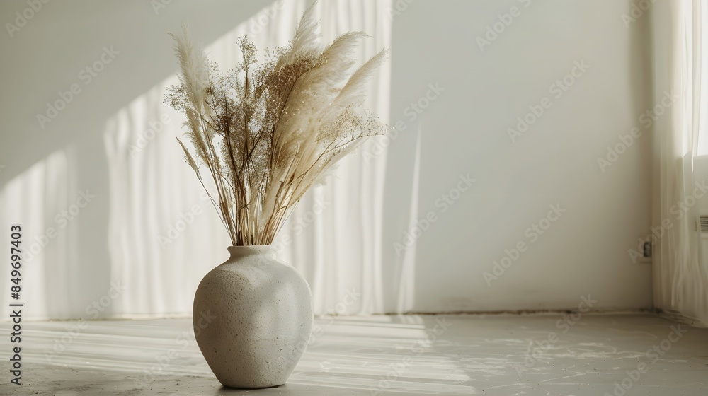 a vase with dried grass on the floor, presentation concept a vase with dried grass on the floor, presentation concept