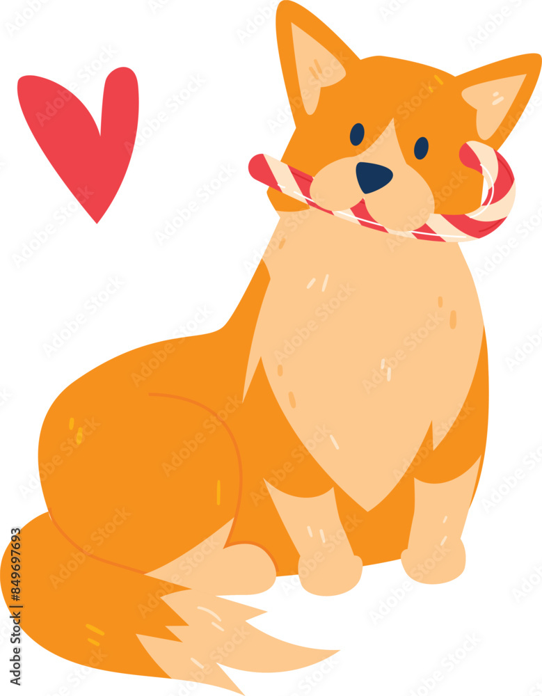 cheerful orange dog, likely Corgi, sports candy cane its mouth sits beside red, background clean white, making dog pop out vividly, colored Corgi sits large candy cane cheerful orange dog, likely Corgi, sports candy cane its mouth sits beside red, background clean white, making dog pop out vividly, colored Corgi sits large candy cane