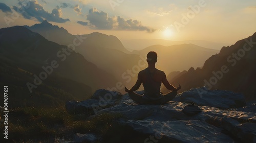 A man meditates and does yoga against the backdrop of mountains and sunset. © Pascal