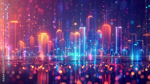 Digital artwork of a vibrant, futuristic city with glowing neon lights and effects © Nicholas