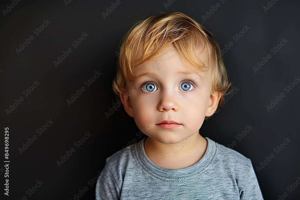 Naklejka premium White Caucasian Little boy Beautiful Hair Isolated black Background Child Smiling, looking straight, model kid, eys ears, lips, white shirt