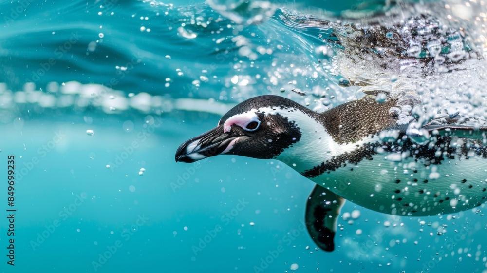 Obraz premium Close-up shot capturing the focused expression of a penguin as it dives into the ocean's blue waters