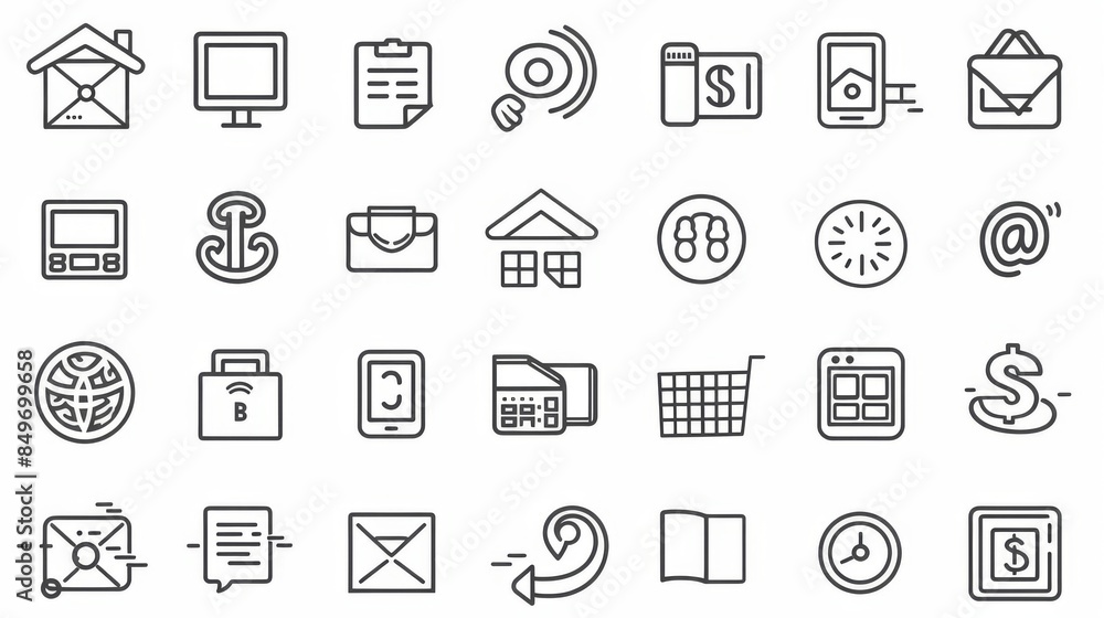 A variety of line icons for web or app design, depicted in a simple, monochrome style A variety of line icons for web or app design, depicted in a simple, monochrome style