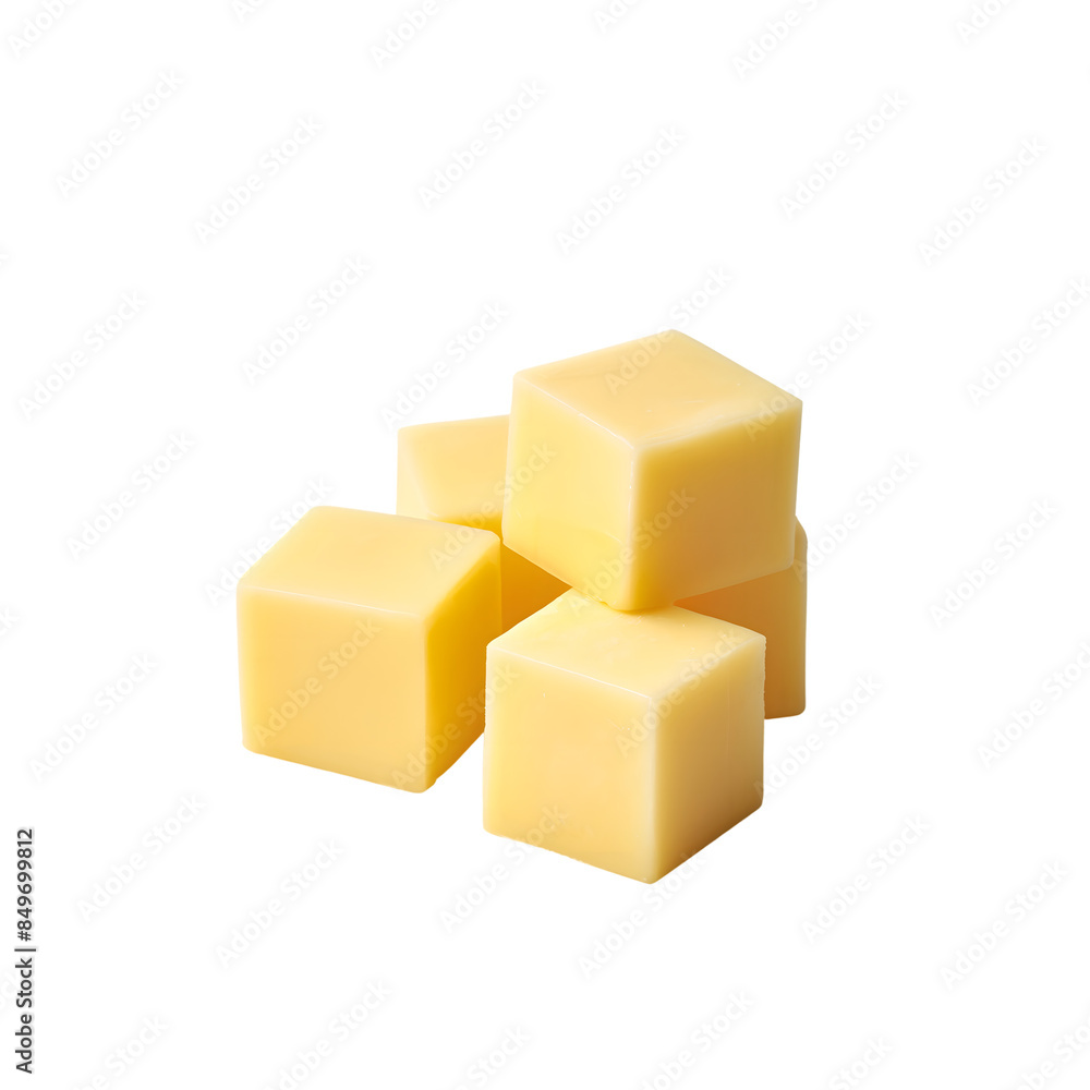 Close-up of a yellow block of cheese, butter cubes isolated on transparent background. generative ai Close-up of a yellow block of cheese, butter cubes isolated on transparent background. generative ai