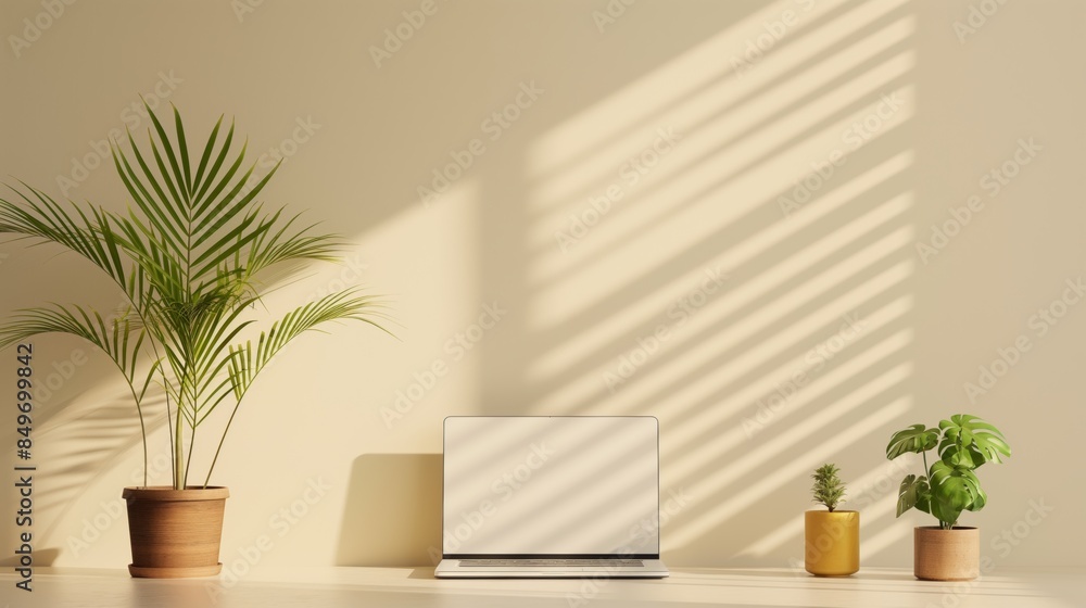 Fototapeta premium Minimalist workspace with a laptop and potted plants on a sunlit desk. Modern home office decor for design and print.