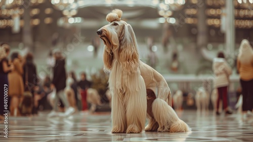 An Afghan Hound sits gracefully amid an urban environment with blurred people within the background