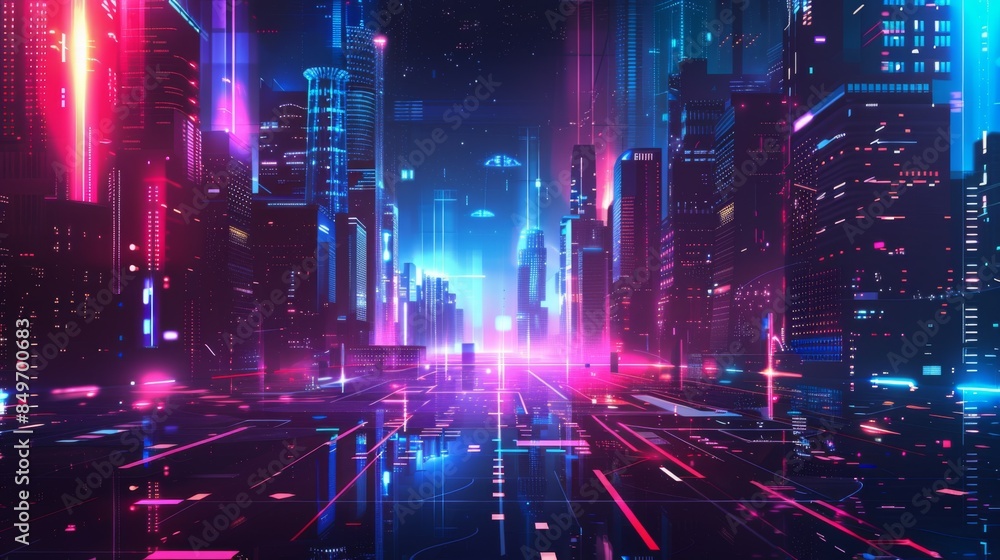 A vibrant digital artwork featuring a neon-lit futuristic city, representing concepts of future urban development and cyberpunk aesthetic A vibrant digital artwork featuring a neon-lit futuristic city, representing concepts of future urban development and cyberpunk aesthetic