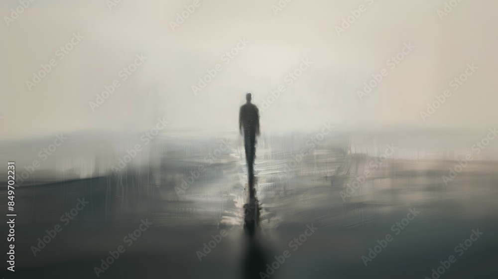 Digital painting of man silhouette walking in the fog, monochrome. Digital painting.
