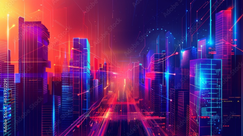 Futuristic neon cityscape with abstract buildings and glowing lights symbolizing urban growth and technology Futuristic neon cityscape with abstract buildings and glowing lights symbolizing urban growth and technology