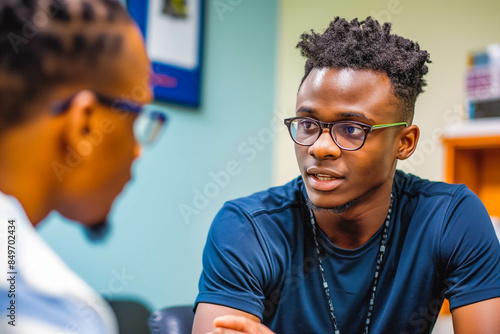 A mentor guiding a teenager through an exercise on self-reflection.