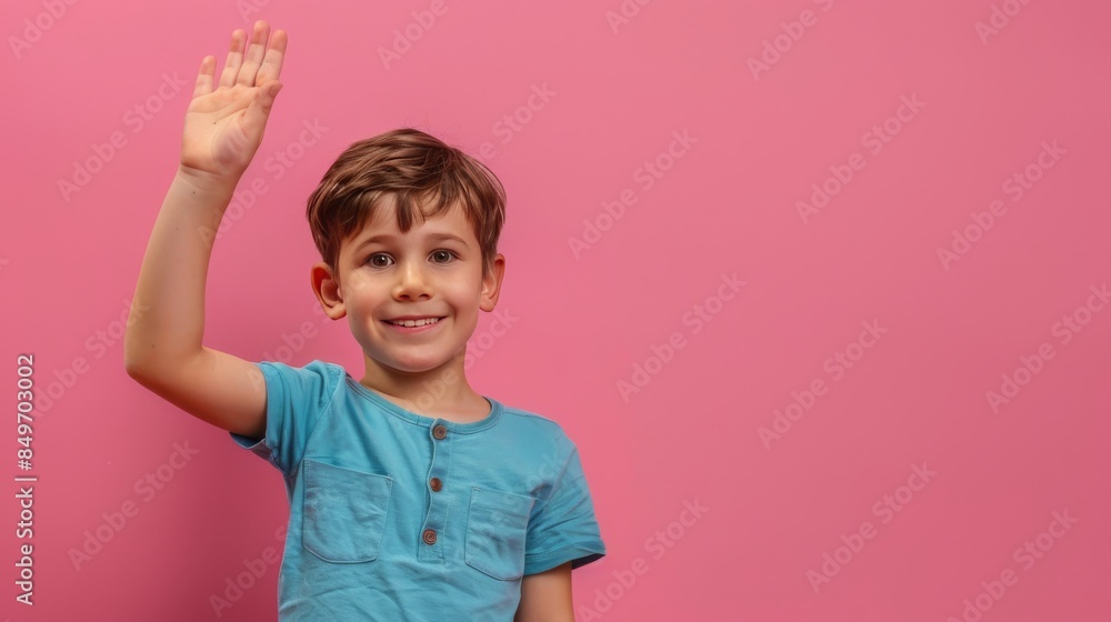 Full body photo of friendly positive boy hand wave hi give high five empty space isolated on pink color background Full body photo of friendly positive boy hand wave hi give high five empty space isolated on pink color background