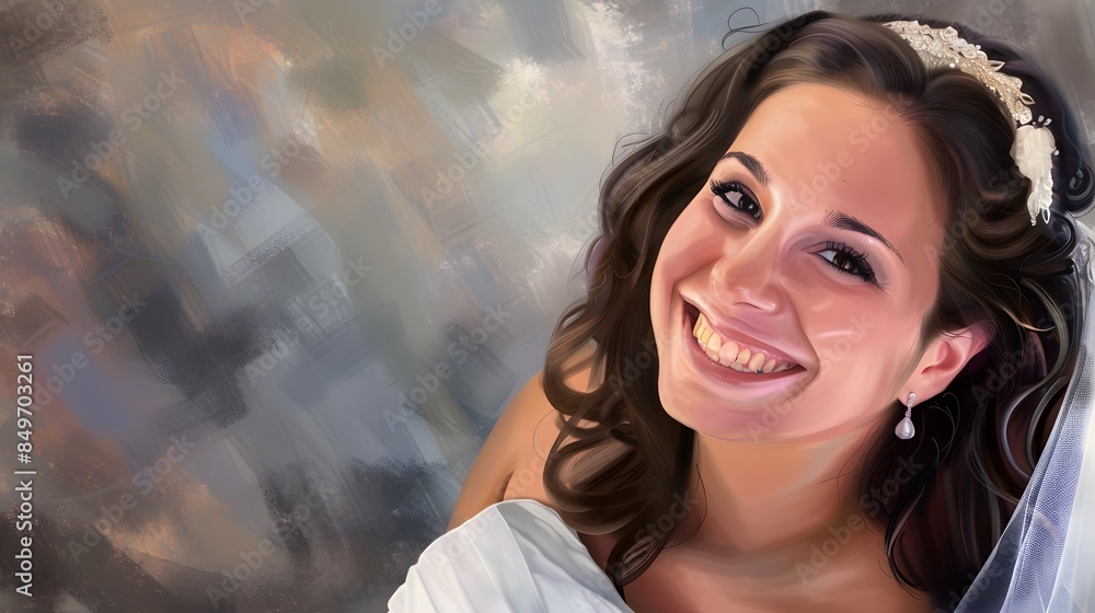 Obraz premium Radiant bride joyfully adorned in veil and jewelry with soft artistic background