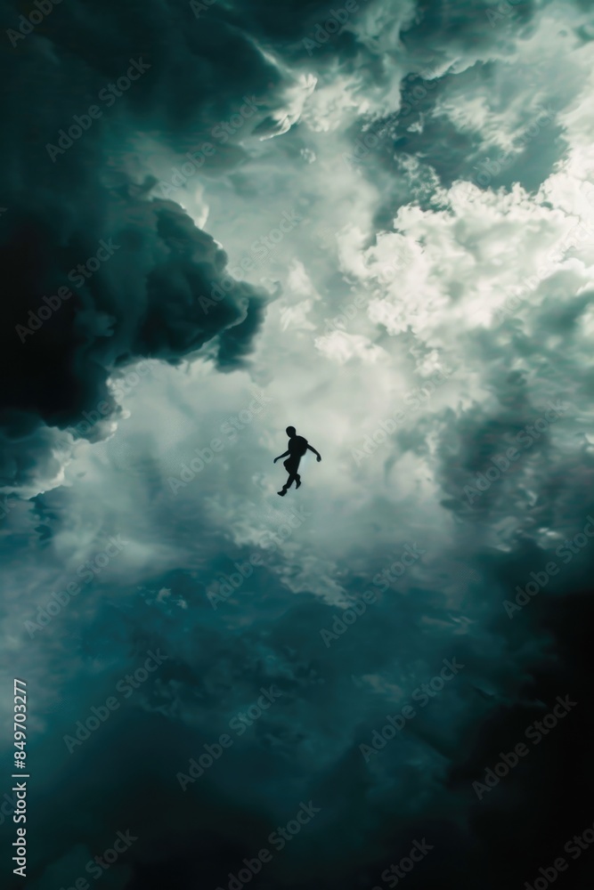 Fototapeta premium Silhouette of a man flying in the stormy cloudy sky.