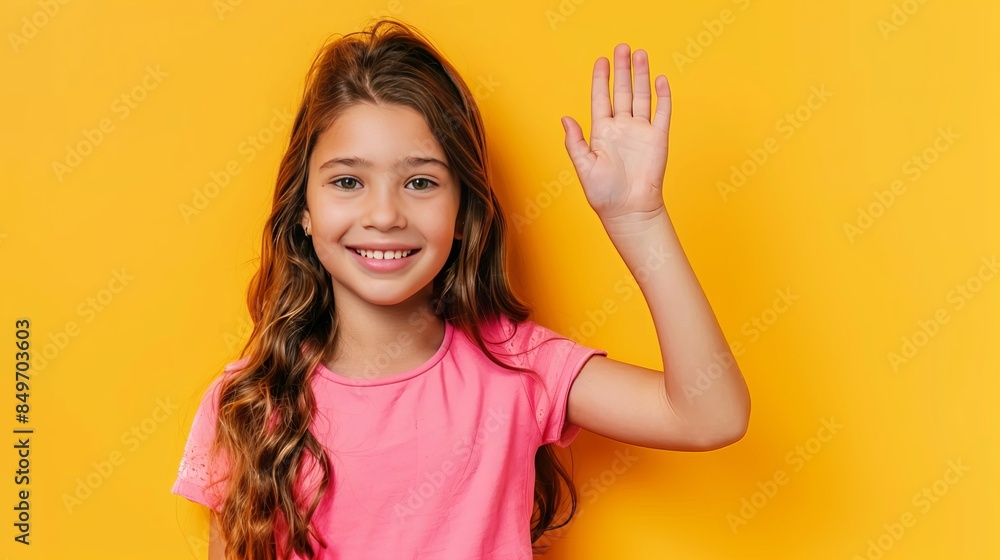 Portrait of her she nice-looking cute attractive lovely pretty cheerful cheery positive pre-teen girl waving hi hello greetings I'm here isolated over bright vivid shine yellow background Portrait of her she nice-looking cute attractive lovely pretty cheerful cheery positive pre-teen girl waving hi hello greetings I'm here isolated over bright vivid shine yellow background
