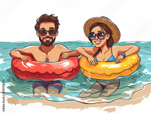 couple swimming in the ocean with inflatable rings summer vector illustration summer vacation concept