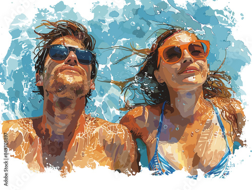 man and woman swimming in the ocean summer vacation concept vector illustration