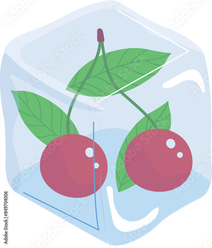 Cherries frozen inside ice cube, cherry stems leaves visible, summer concept. Refreshing fruit illustration, red cherries green leaves trapped ice, cooling down. Vector graphic ice, stylized fruit