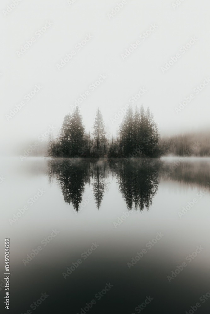 Misty Reflections. Foggy misty morning on the lake with reflection of trees. Misty Reflections. Foggy misty morning on the lake with reflection of trees.