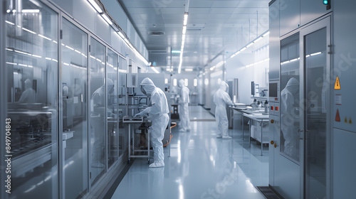 Pharmaceutical scientists in cleanroom examining medical vials on production line conveyor belt in modern pharmaceutical healthcare factory manufacturing prescription drugs medication mass production