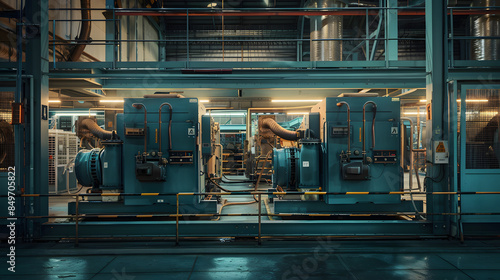 Industrial generator room with two large blue generators for power backup in factory, heavy machinery for electrical systems and engineering, industrial power plant interior