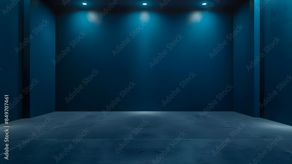 Empty dark blue studio with grey concrete floor and soft blue lighting for product display and text presentation, ideal for business backgrounds and office environments Empty dark blue studio with grey concrete floor and soft blue lighting for product display and text presentation, ideal for business backgrounds and office environments